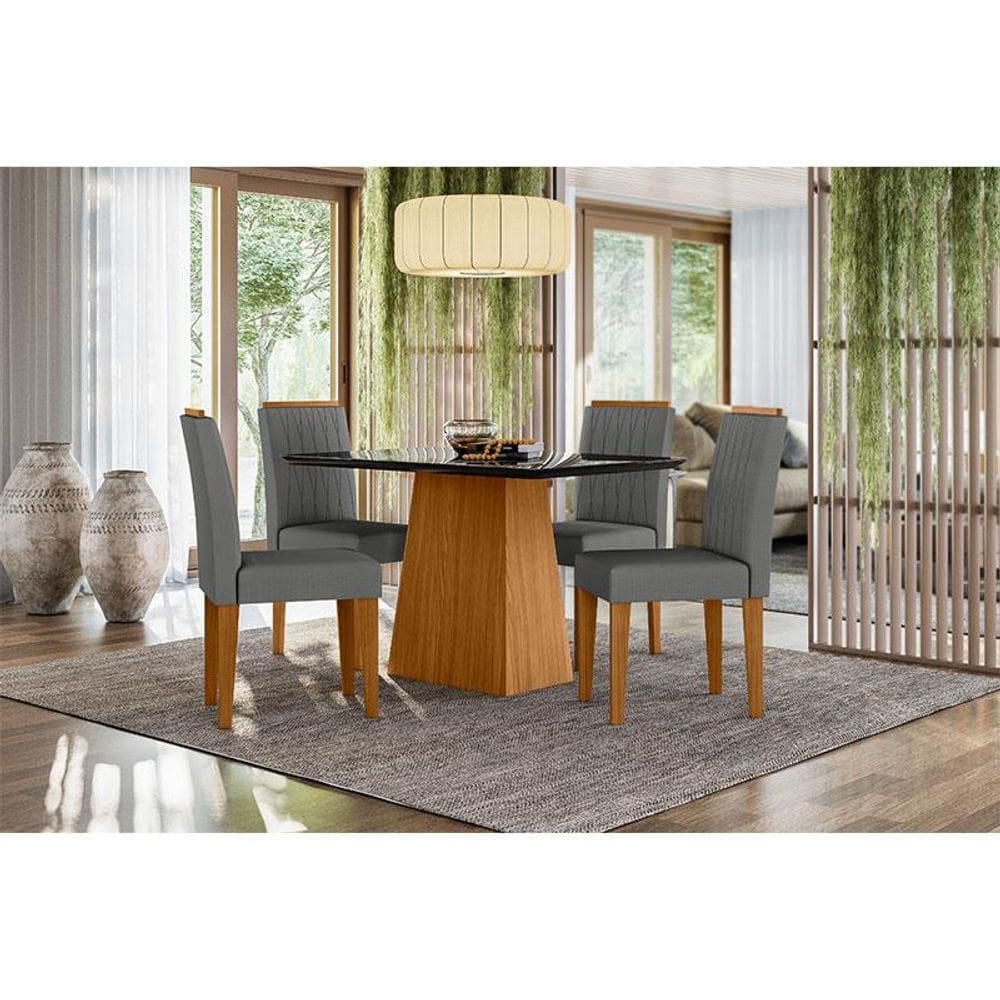 Mesa de Jantar 120cm Ambiente Bárbara com Vidro Ype Preto e 4 Cadeiras Ana Ype Veludo Cinza Escuro - New Ceval - Cinza