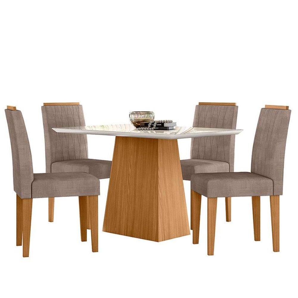 Mesa de Jantar 120cm Bárbara com Vidro Ype Off White e 4 Cadeiras Ana Ype Veludo Marrom Rose - New Ceval - Marrom