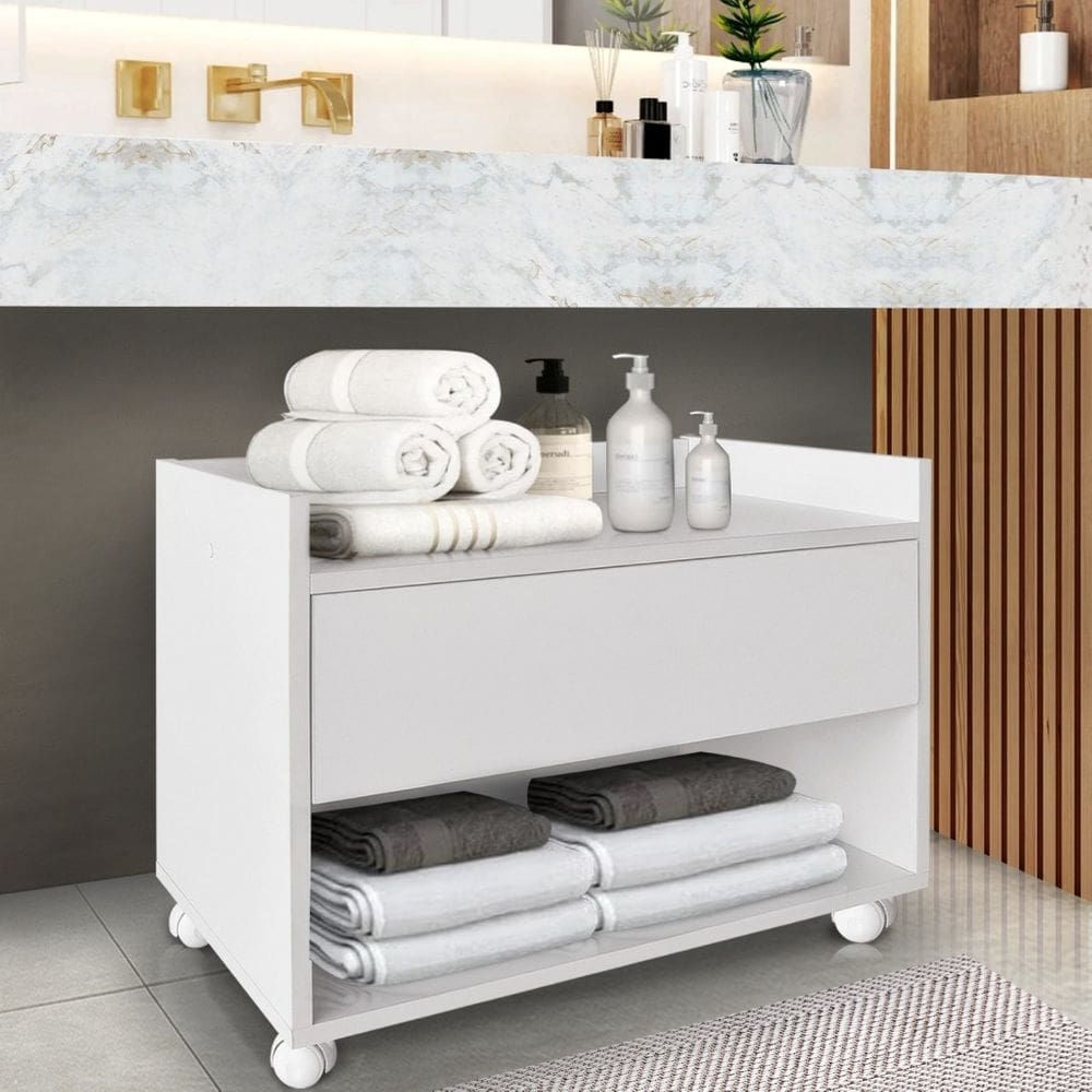 Balcão Móvel de Banheiro MDF Organizador Gabinete com Rodízios SSX Multicoisas