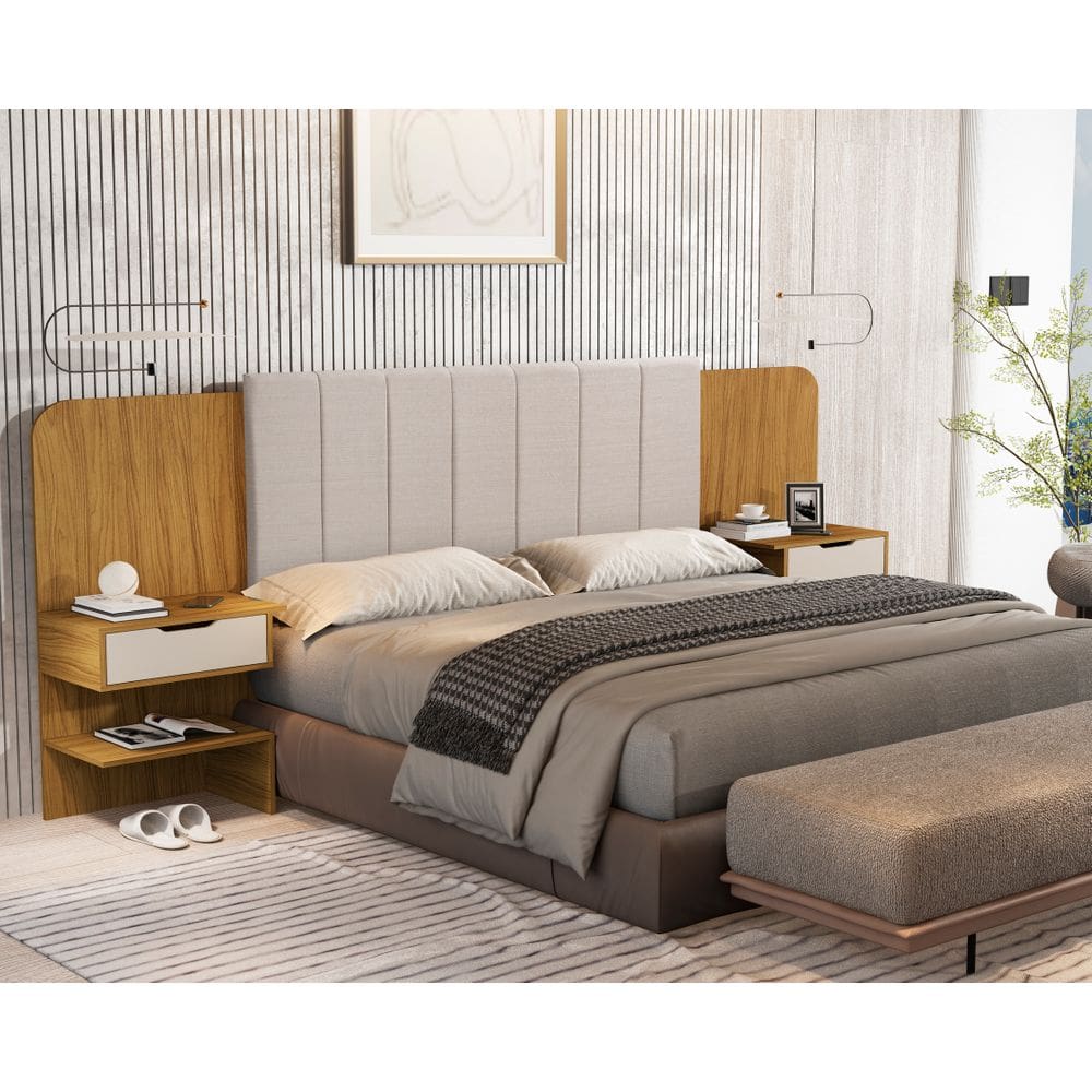 Cabeceira Para Cama Casal E Queen Maisa Com Mesa De Cabeceira E Painel Central Estofado