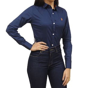 Camisa Feminina Lisa Azul Manga Longa Austin 36693