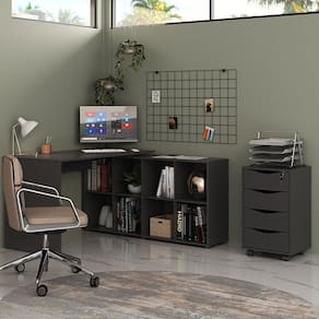 Kit 2 Peças com Escrivaninha em L 8 Nichos e Gaveteiro Bit Organizador 4 Gavetas com Chave Preto