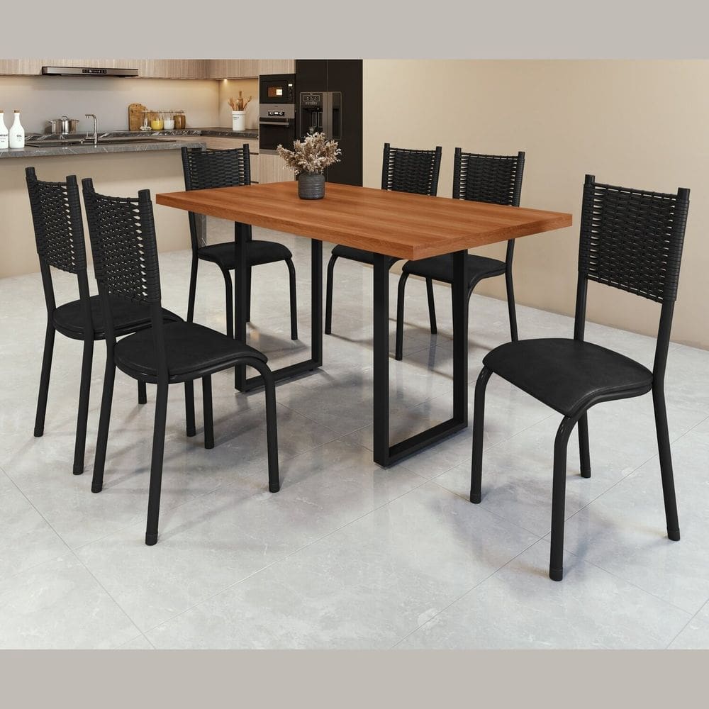 Conjunto Sala de Jantar 6 Cadeiras Mesa 140x75cm Tampo Madeira Bp Mariana Martelado Prata/Preto