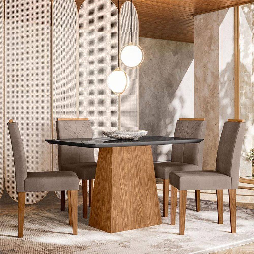 Mesa de Jantar 120cm Ambiente Bárbara com Vidro Ype Preto e 4 Cadeiras Amanda Ype Veludo Marrom Rose - New Ceval - Marrom