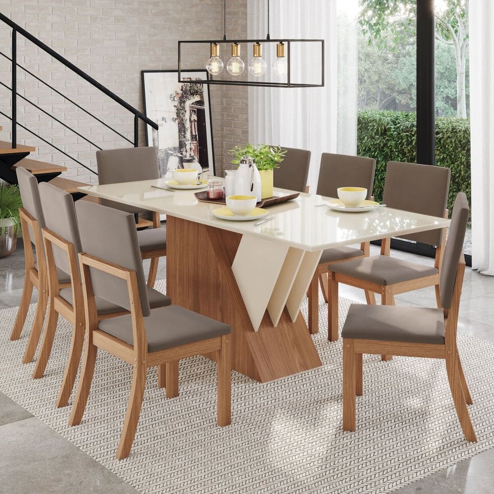 Conjunto Sala Jantar Canto Reto com Vidro 8 Cadeiras Sarah Espresso Móveis Marrom/Off White/Bege