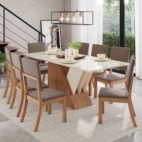 Conjunto Sala Jantar Canto Reto com Vidro 8 Cadeiras Sarah Espresso Móveis Marrom/Off White/Bege