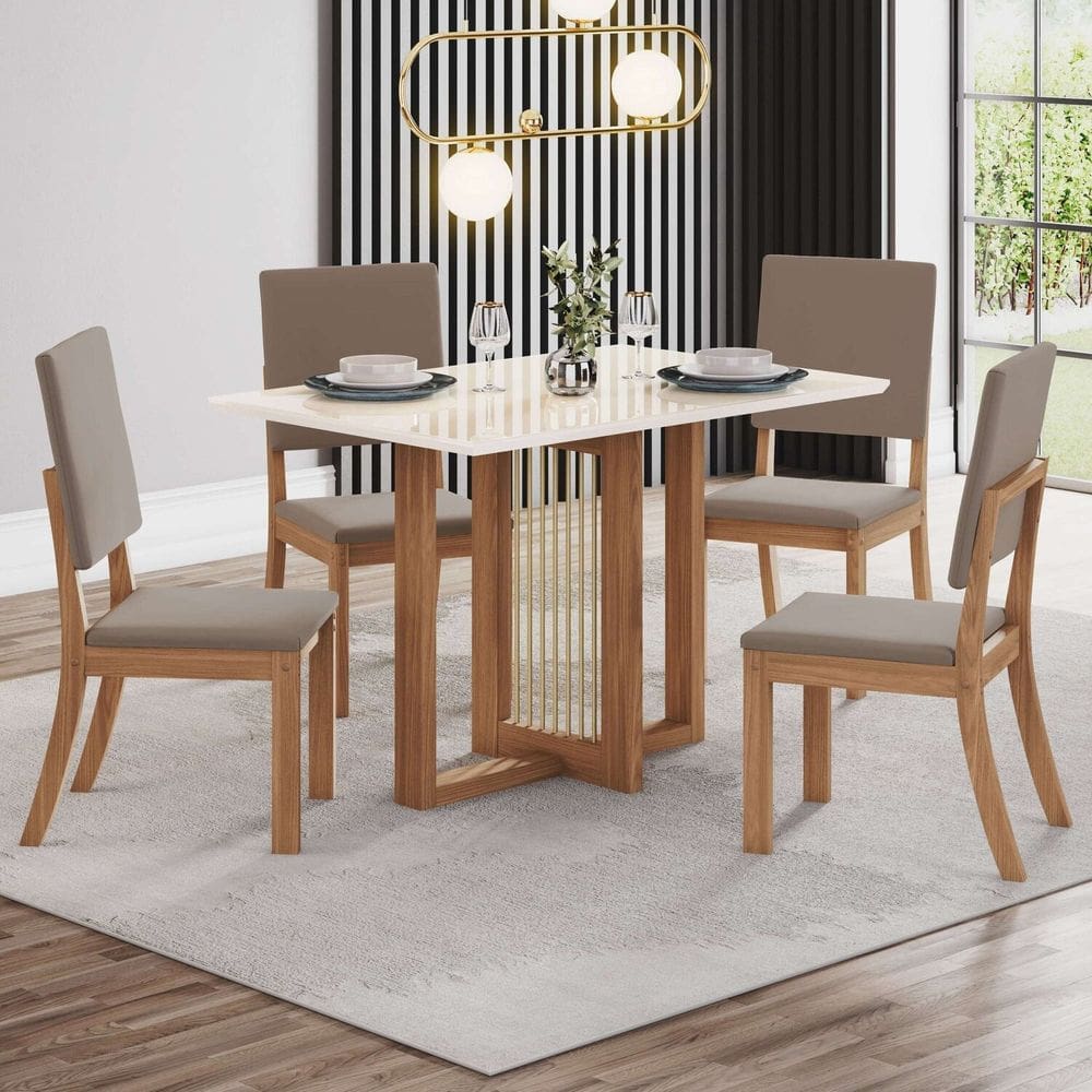 Conjunto Sala Jantar Canto Reto com Vidro 4 Cadeiras Kelly Espresso Móveis Marrom/Off White/Marrom