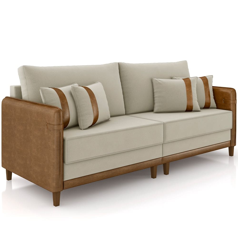Sofá 3 Lugares Sala de Estar Living 192cm Asbury K01 Veludo Bege Couríssimo Camel - Lyam Decor