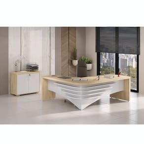 Kit 2 Peças com Mesa Diretor para Escritório e Balcão Multiuso 2 Portas Carvalho/Branco