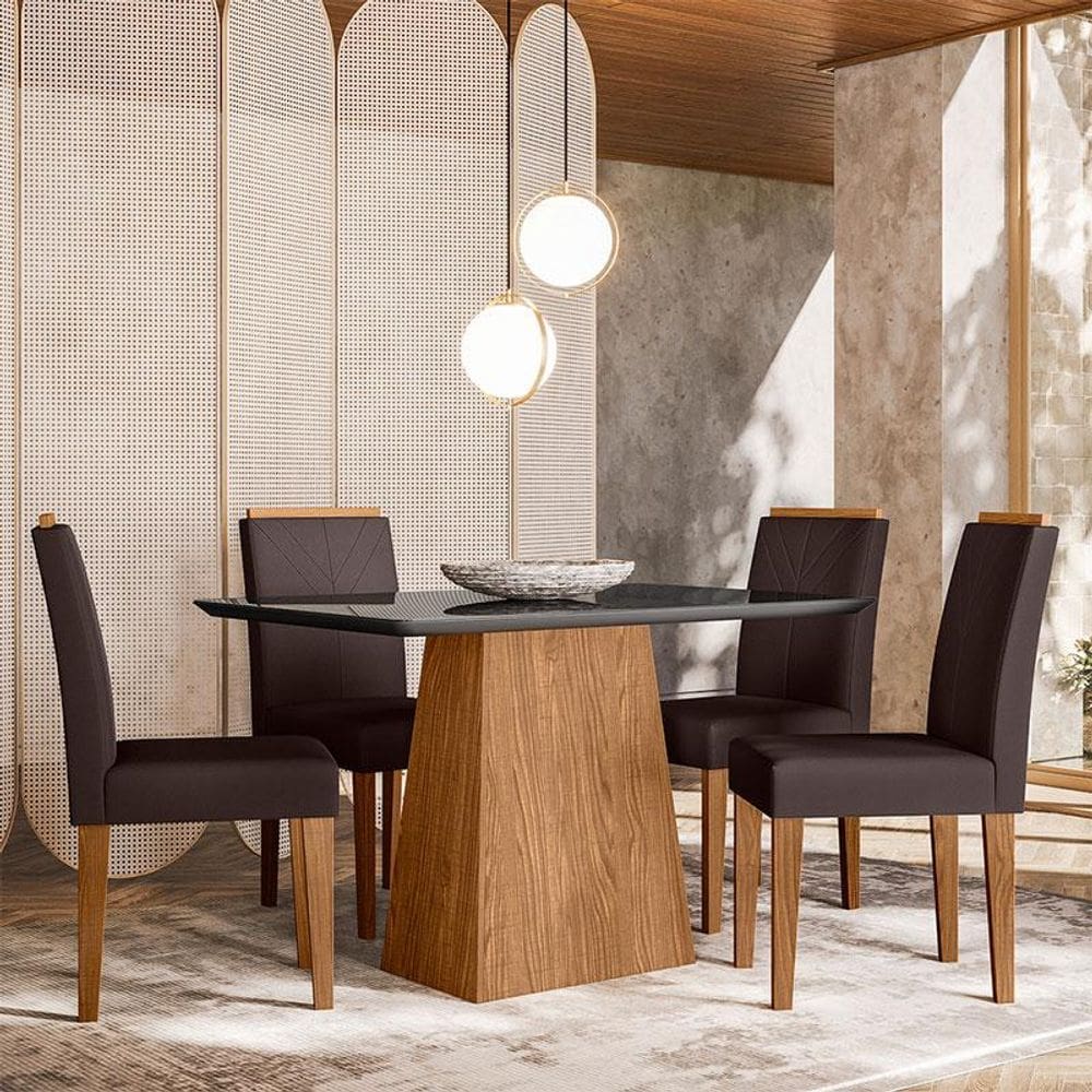 Mesa de Jantar 120cm Ambiente Bárbara com Vidro Ype Preto e 4 Cadeiras Amanda Ype Veludo Café - New Ceval - Marrom