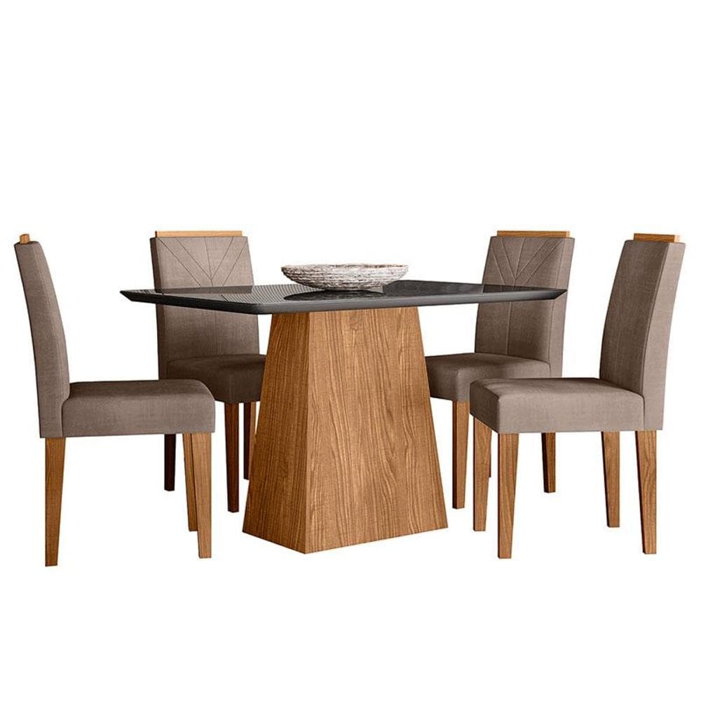 Mesa de Jantar 120cm Bárbara com Vidro Ype Preto e 4 Cadeiras Amanda Ype Veludo Marrom Rose - New Ceval - Marrom