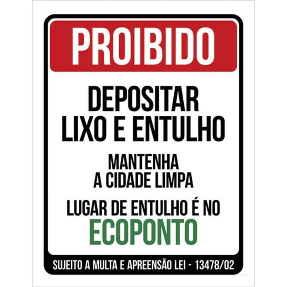 Kit 10 Placa Depositar Lixo E Entulho Ecoponto 36X46
