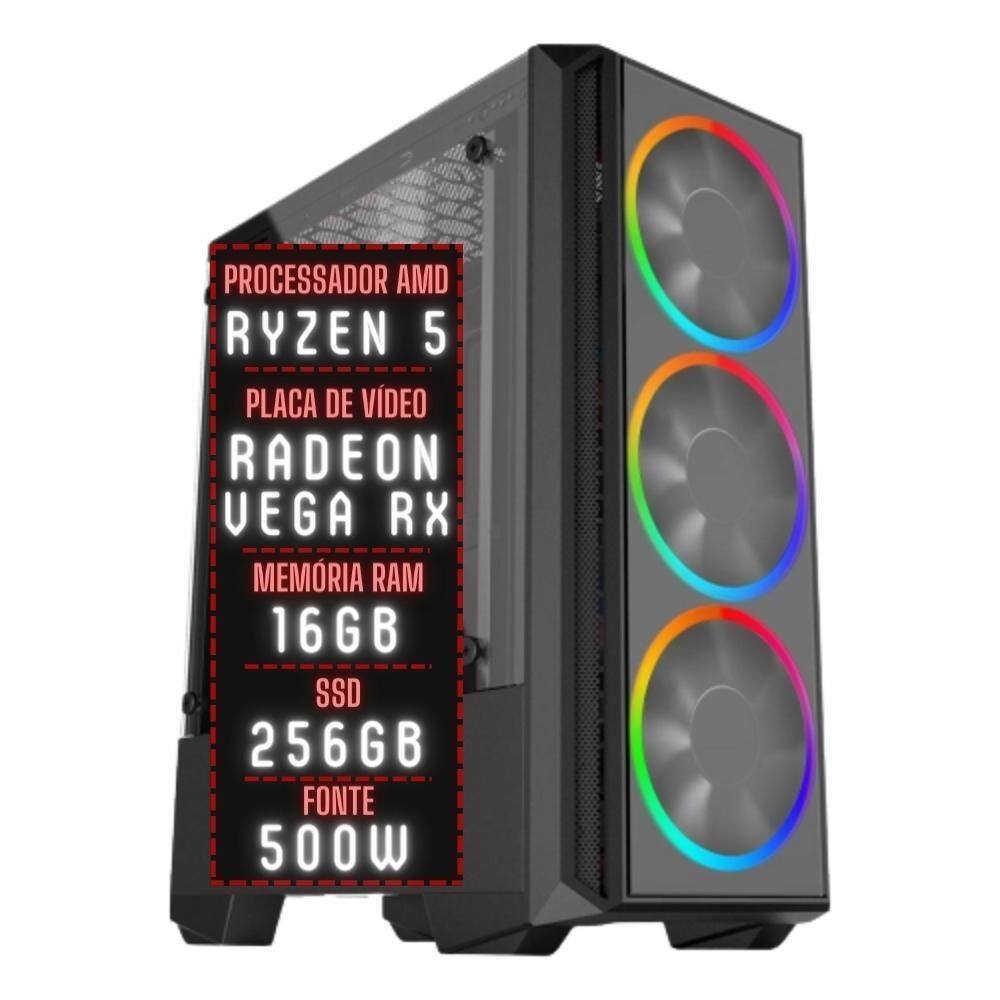PC Gamer 3green Force AMD Ryzen 5 16GB DDR4 Placa de vídeo Radeon RX SSD 256GB Fonte 500W 3GFO-015