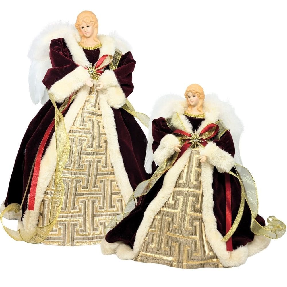 Jogo 2 Anjos Decor Natal Ponteira Árvore Veludo Vinho Luxo 40cm e 30cm - Noel Decor
