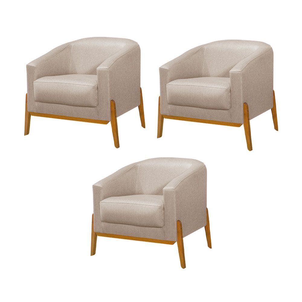 Kit 3 Poltronas Living Base em Madeira Maciça Flórida Linho Bege
