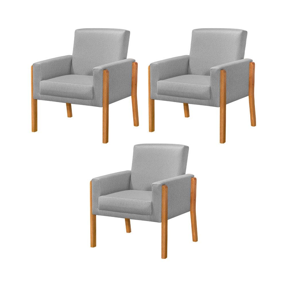 Kit 3 Poltronas Sala de Espera Pés em Madeira Santorini Linho Cinza