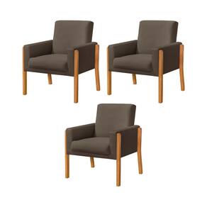 Kit 3 Poltronas Sala de Espera Pés em Madeira Santorini Veludo Marrom