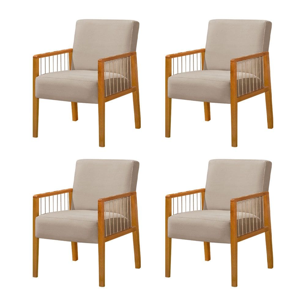 Kit 4 Poltronas Decorativa Base em Madeira Maciça e Corda Náutica Copacabana Veludo Bege