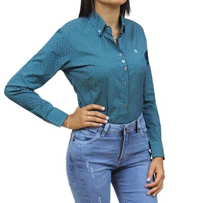 Camisa Feminina Xadrez Cowboy Winner Azul Manga longa 34374