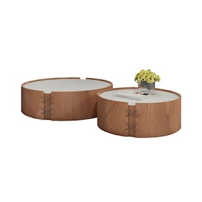 Conjunto Mesa De Centro Isis Redonda Lamina de Madeira Tampo com Vidro 60cm e 50cm