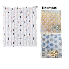 Cortina Box Banheiro Plástico Estampada C/Ganchos 1,38X180Cm