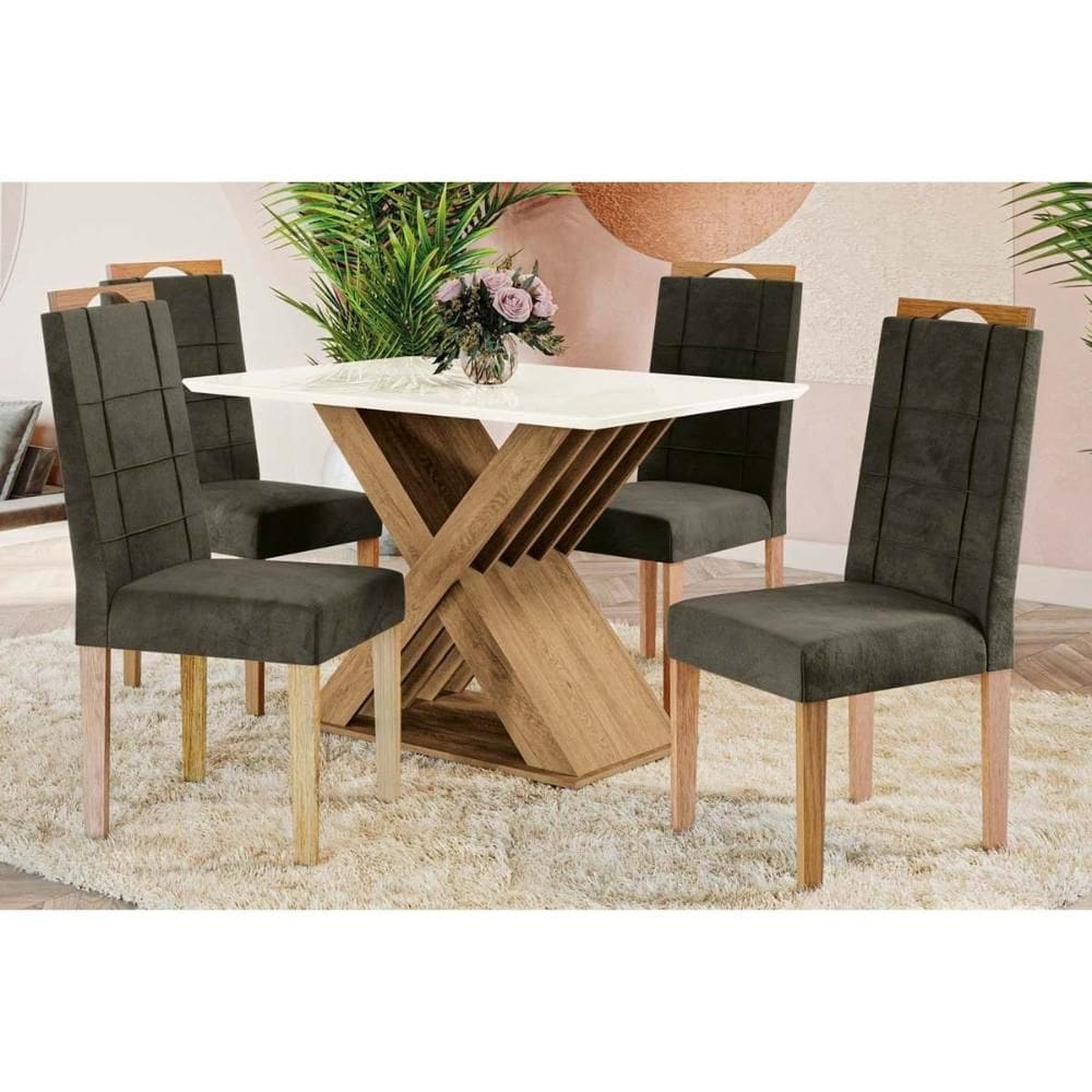 Sala de Jantar Completa Graviola Tampo Madeirado c/ Vidro 80x120cm e 4 Cadeiras 2CAD150 Nogueira/Off White/Vidro Off White - Eucalipto - Kappesberg