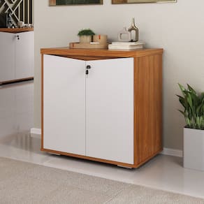 Balcão Multiuso para Escritório 2 Portas com Chave e Prateleira Interna Y37 em Tamburato freijó/ Branco