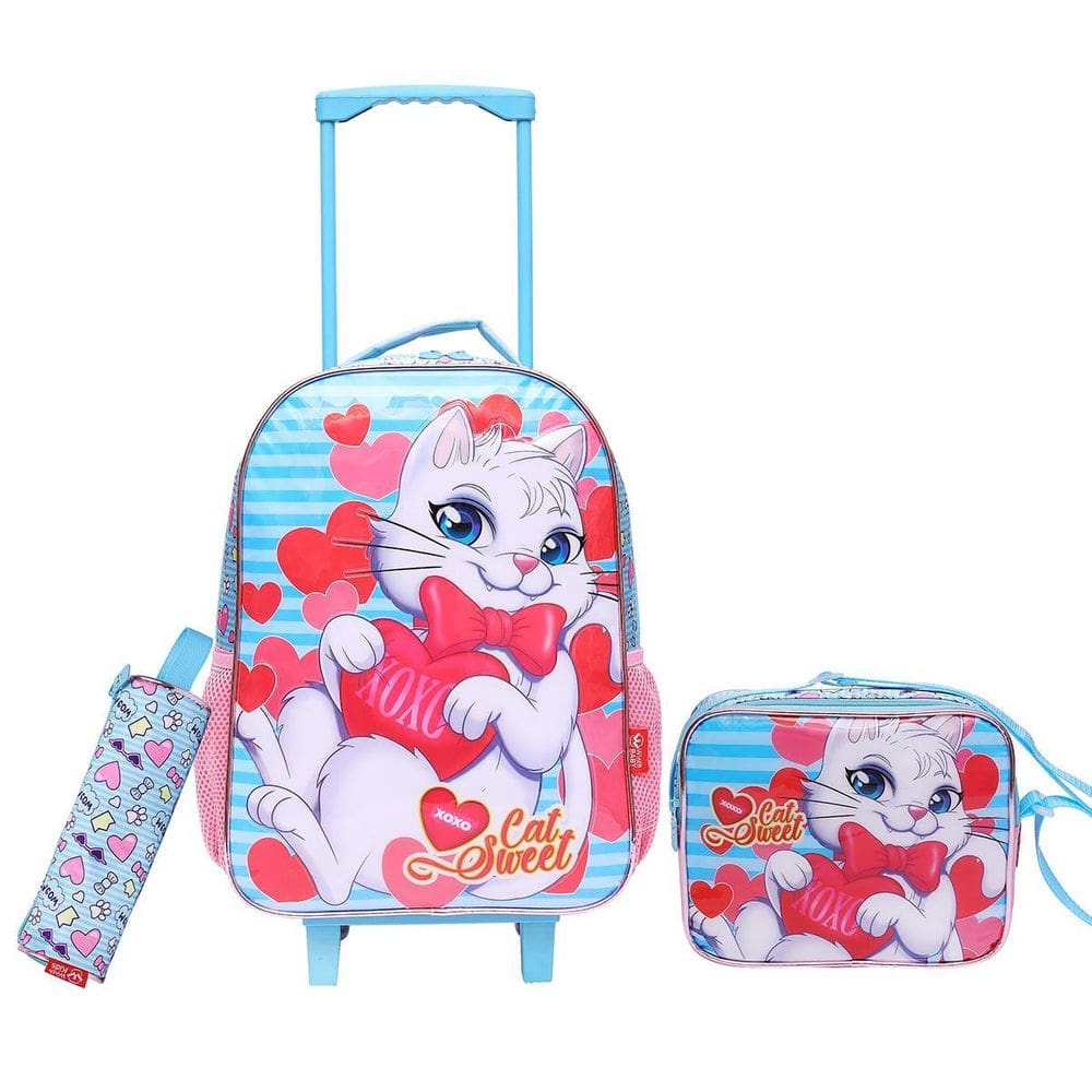 Mochila Rodinha, Lancheira E Estojo Rosa E Azul Cat Sweet