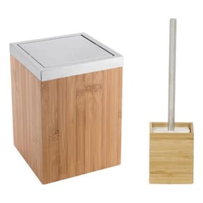 Conjunto Lixeira 5L E Escova Sanitária Aço Inox E Madeira