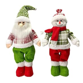 Jogo Papai Noel e Boneco de Neve Em Pé Pelúcia Funny Tricot Verde e Vermelho 40cm - Magizi