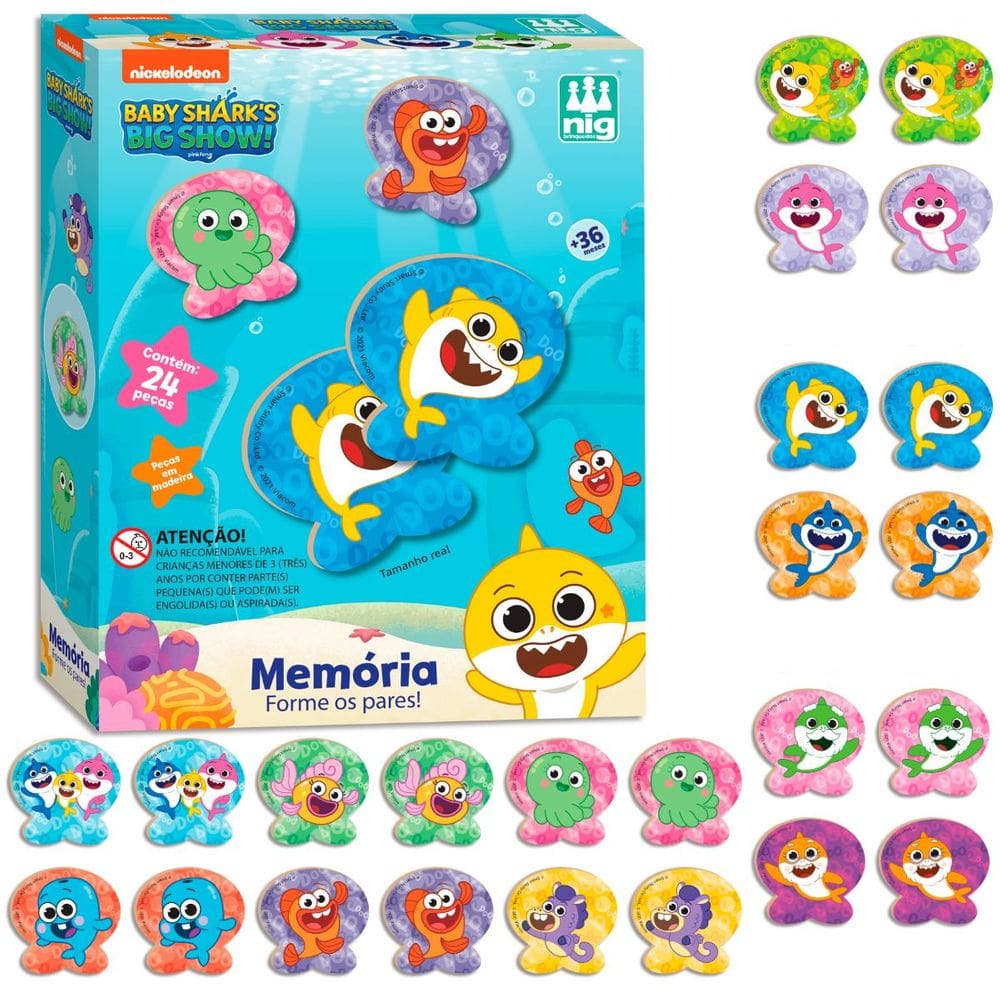 Jogo da Memória em Madeira Baby Shark Brinquedo Pedagógico 24 Peças - Nig Brinquedos