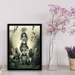 Quadro Três Macacos Sábios Modernos 33X24Cm Madeira Preta