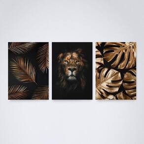 Quadro Decorativo Leão Dourado com Plantas Douradas 30x20cm