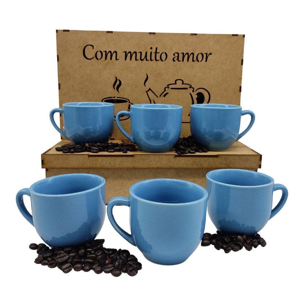 Jogo 6 Xicaras 170Ml Porcelana Para Café Chá Caixa Mdf Azul