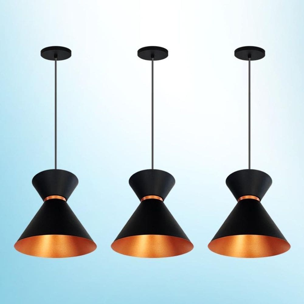 Lustres Pendentes Berlin Preto com Cobre - Kit 3 R.R.J.V