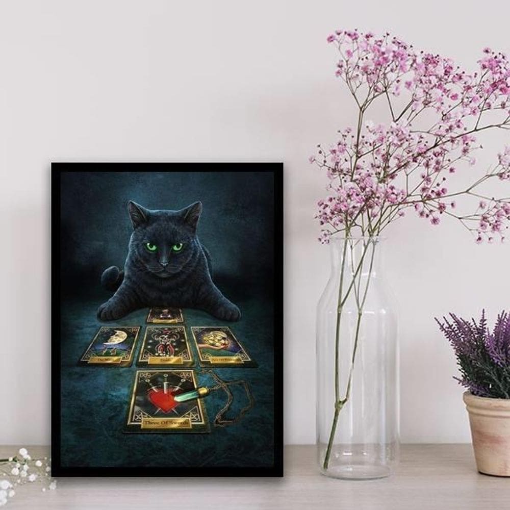 Quadro Gato Preto Com Tarot 33X24Cm Preta