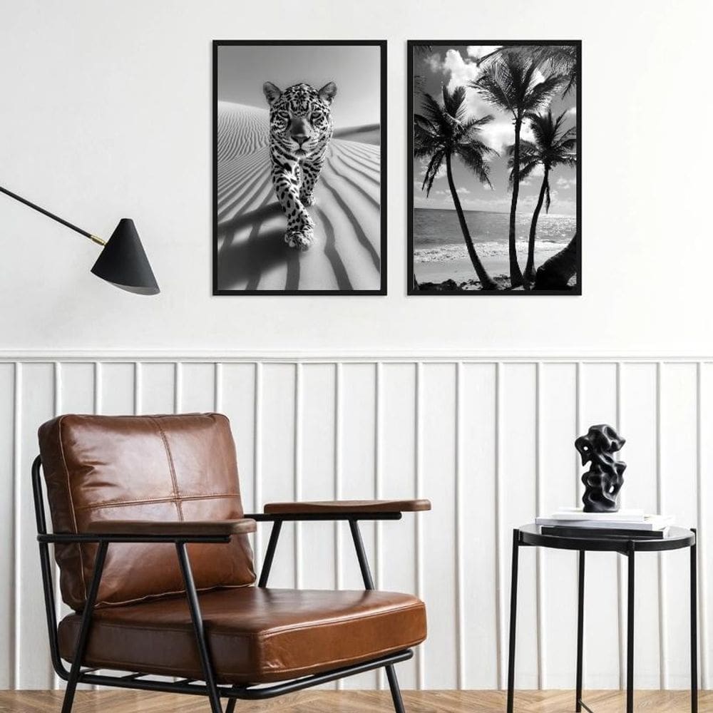 Kit 2 Quadros Praia Leopardo Preto E Branco 45X34Cm - Vidro