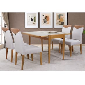 Conjunto Sala de Jantar Mesa Aparador Extensível 53x106 Tampo Vidro e 04 Cadeiras Estofada Amendoa