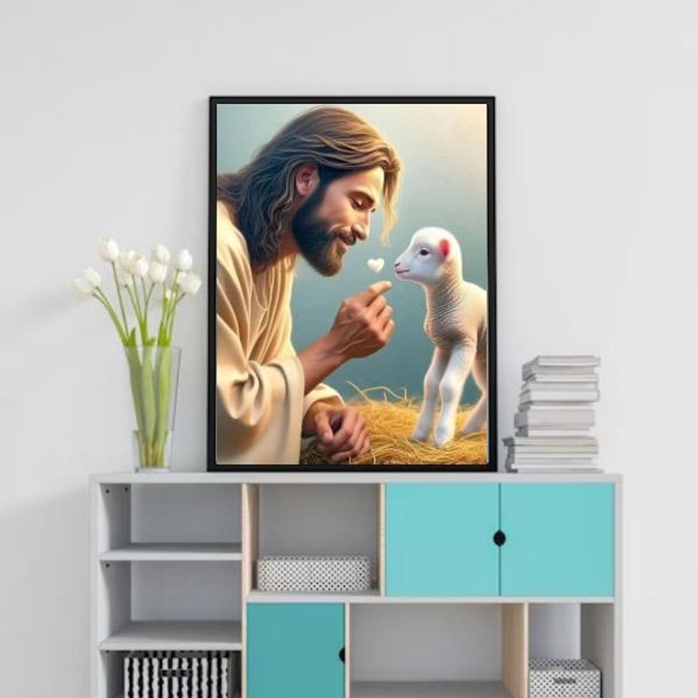 Quadro Decorativo Jesus Com Cordeirinho 33X24Cm - Com Vidro