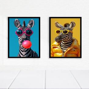 Kit 2 Quadros Decorativos Zebras De Óculos 45X34Cm - Vidro