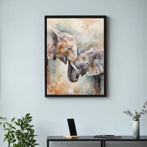 Quadro Aquarela Elefantes - Mãe E Filho 33X24Cm - Com Vidro