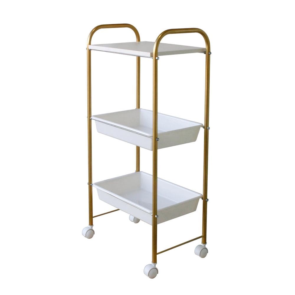 Carrinho Auxiliar Estética 1 Tampo E 2 Bandejas Dourado