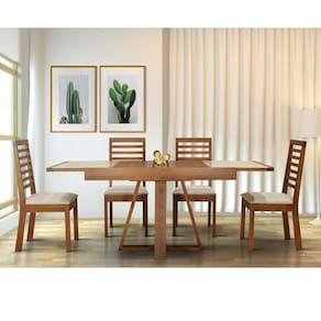 Conjunto Sala de Jantar Atena Mesa Extensível 178x78cm Tampo Vidro 6 Cadeiras Assento Estofado Pinhão