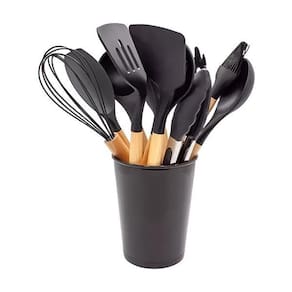Conjunto De Utensílios 12 Peças De Silícone E Madeira Preto