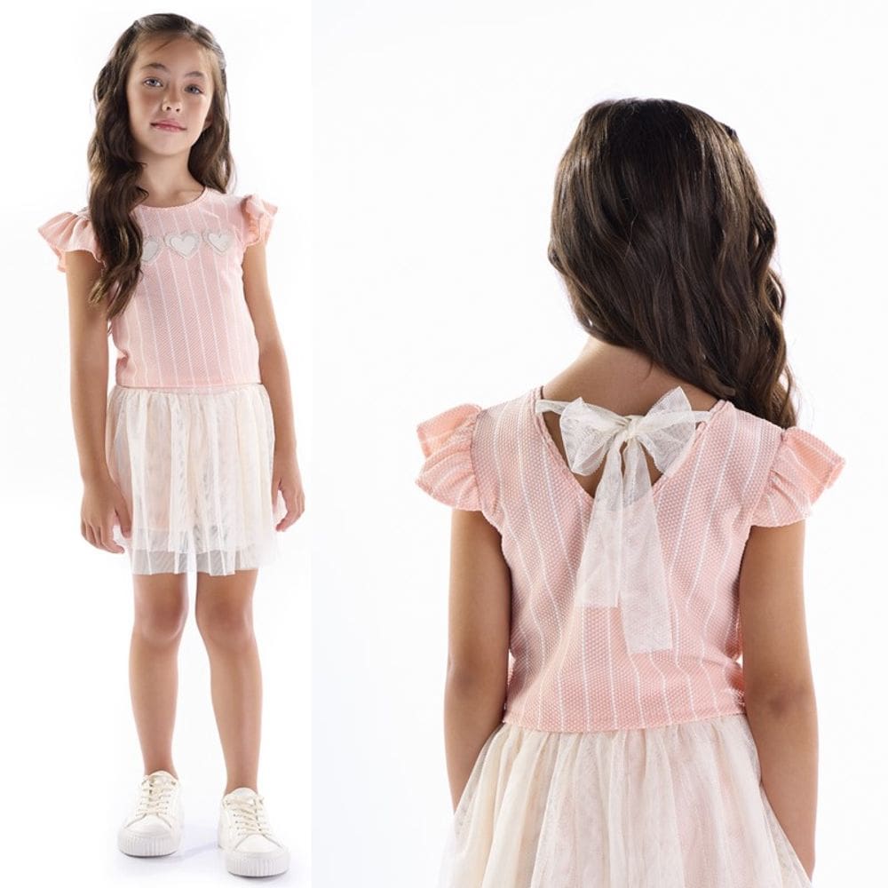 Conjunto blusa com aplicação coração e saia com telinha Kiki Xodó