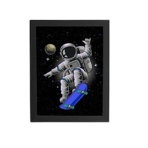 Astronauta De Skate Universo Quadro Moldura Preta 60X40Cm