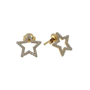 Brinco Estrela Fixa Vazada Com Zircônias Em Ouro 18K