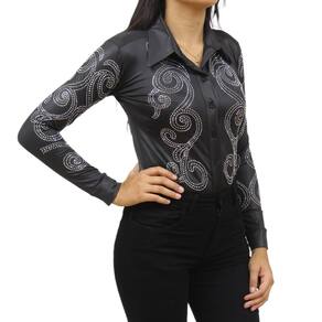 Body Feminino Bordado com Strass Preto Country City 36651