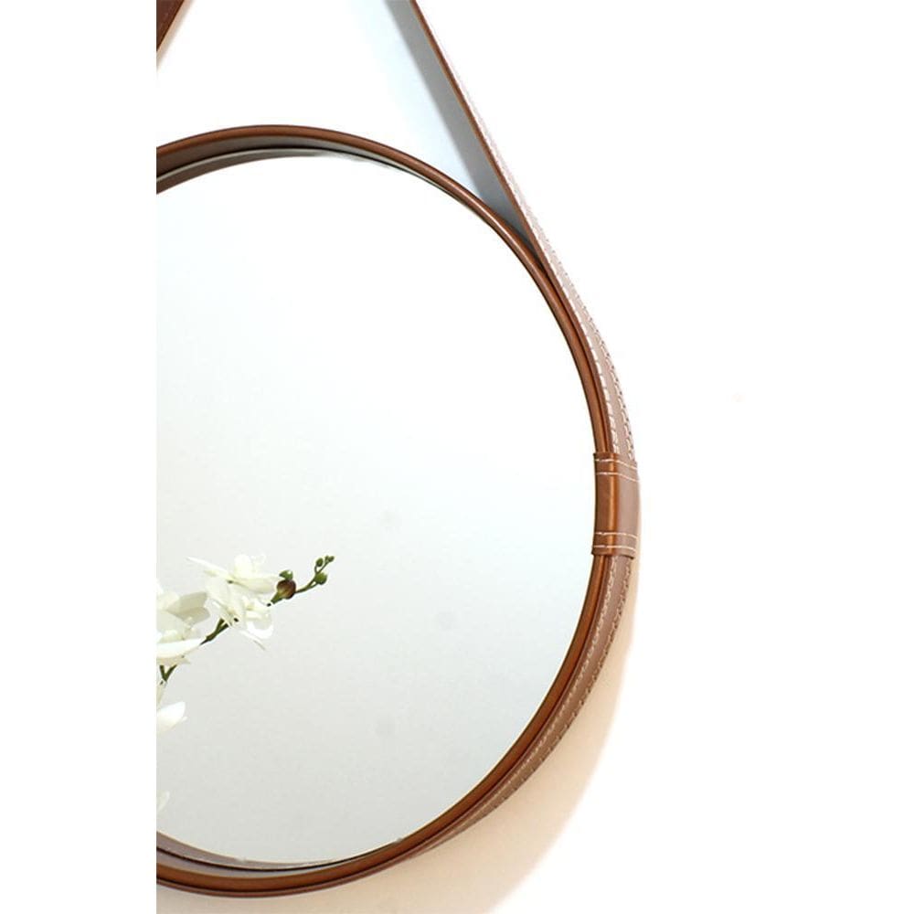 Espelho Redondo Decorativo Moldura Alça Couro 60Cm Caramelo