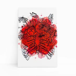 Flores Esqueleto Aquarela Vermelho Quadro Canvas 60X40Cm